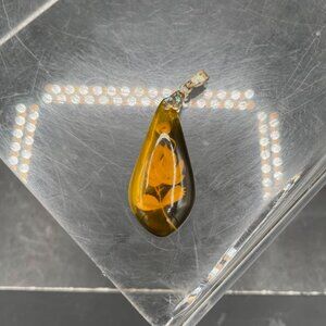 Reverse Carved Amber Lucite Flower Rose Floral Oblong Teardrop Pendant Vintage
